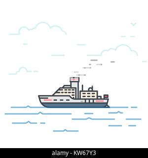 Motor Schiff Schiff mit Dampfrohr im Meer. Trendige Linie vektor Illustration. Big Boot auf dem Wasser. Oceanic Schiff Konzept reisen. Transport zu Wasser. Stock Vektor