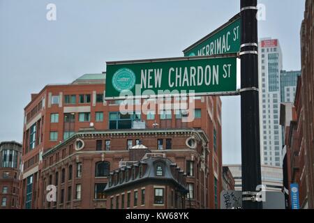 Bostons Haymarket Nachbarschaft im Winter vor Schnee fallen, Massachusetts, USA Stockfoto