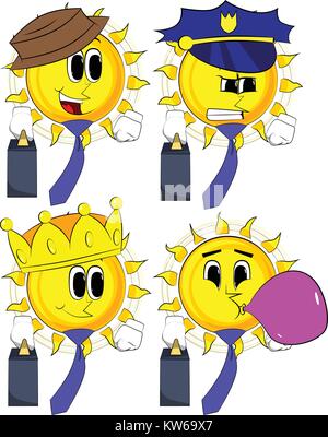 Cartoon sun Chef mit Koffer oder Tasche und binden. Sammlung mit Kostüm. Ausdrücke Vektor einrichten. Stock Vektor
