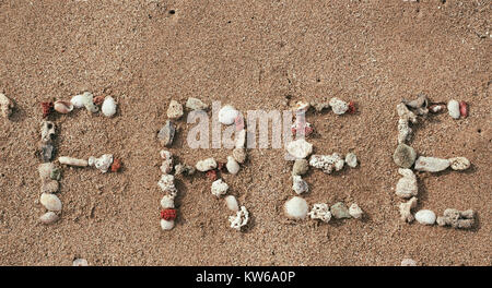 Freie Wort aus Muscheln auf sandigen Sommer Strand. Konzept Hintergrund für den Vertrieb Stockfoto