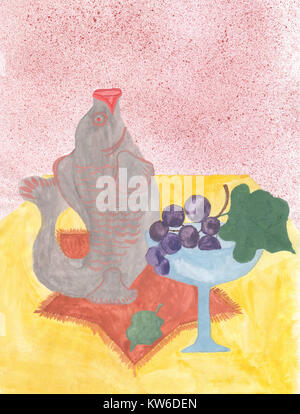 Aquarell Stillleben mit Fischen, Glas und Trauben auf der gelben Tabelle Stockfoto