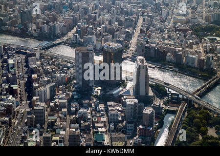 Tokio, Japan, 19. Juni 2017: Luftaufnahme von Tokyo und der Asahi Beer Tower am östlichen Ufer der Sumida River in Sumida, Tokio Stockfoto