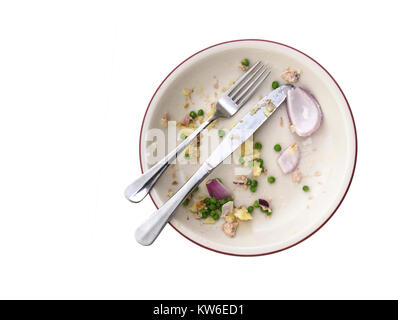 Overhead shot eines leeren Teller mit Resten von einer Mahlzeit auf einem weißen Hintergrund mit Copyspace Stockfoto