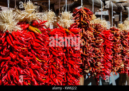 Red Chili ristras, Santa Fe, New Mexico Stockfoto