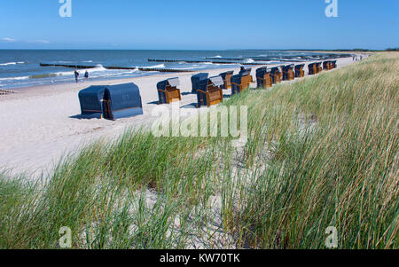 Die Liegen am Strand von Ahrenshoop, Ostsee, Fishland, Mecklenburg-Vorpommern, Deutschland, Europa Stockfoto