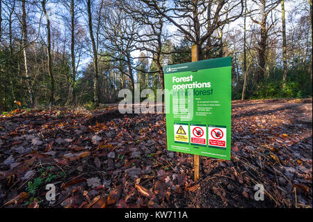 Warnhinweis der Wald in Sherwwod Wald, Nottinghamshire durch den Wald. Stockfoto