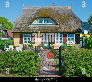 Traditionelle strohgedeckte Haus im Dorf Geboren am Darss, Fischland, Mecklenburg-Vorpommern, Ostsee, Deutschland, Europa Stockfoto