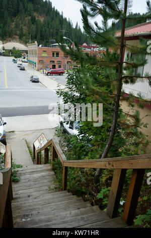 Blick hinunter Holztreppe Wallace Historic District, Idaho, USA Stockfoto