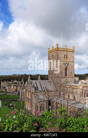 St. David's Cathedral und der Bischofspalast, St. Davids", Pembrokeshire. Wales aus dem Torhaus. Stockfoto