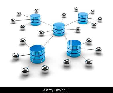 Metallischen Sphären verbunden mit Blau Metallic Zylinder 3D Bild auf weißem Hintergrund, Network Computing Data Storage Konzept Stockfoto