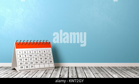 Orange und Weiß Schreibtisch Kalender auf hölzernen Fußboden gegen blaue Wand mit Copyspace 3D-Darstellung