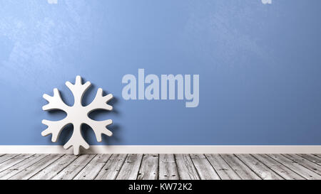 Weiße Schneeflocke Form auf hölzernen Fußboden gegen blaue Wand mit Copyspace 3D-Darstellung Stockfoto