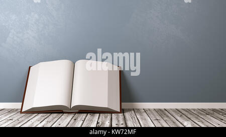 Offenes Buch mit leeren Seiten auf hölzernen Fußboden gegen Blau-grau Wand mit Copyspace 3D-Darstellung Stockfoto