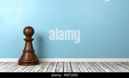 Ein Schwarzes Holz- Weiße Ritter auf hölzernen Fußboden gegen blaue Wand mit Copyspace 3D-Darstellung Stockfoto
