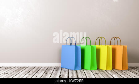 Bunte Tüten auf hölzernen Fußboden gegen graue Wand mit Copyspace 3D-Darstellung Stockfoto