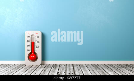 Thermometer auf hölzernen Fußboden gegen blaue Wand mit Copyspace 3D-Darstellung Stockfoto