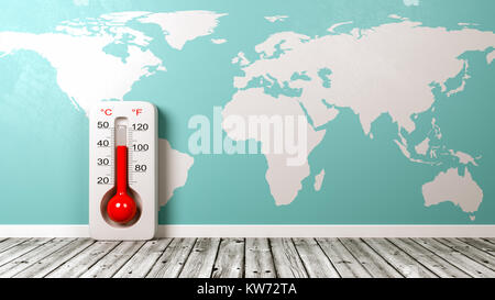 Thermometer auf hölzernen Fußboden gegen blaue Wand mit World Map 3D-Darstellung Stockfoto