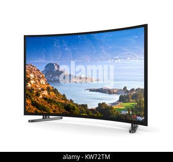 Moderner Tv mit gekrümmten Bildschirm mit Kos griechische Insel Landschaft auf weißem Hintergrund 3D Illustration Stockfoto