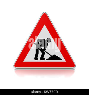 Rote und weiße Mann bei der Arbeit Warndreieck Schild auf weißem Hintergrund 3D Illustration Stockfoto