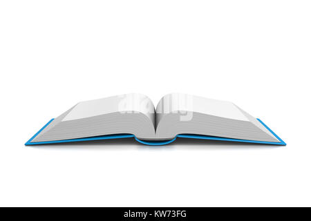 Blaue Abdeckung offenes Buch mit leeren Seiten auf weißem Hintergrund 3D Illustration Stockfoto