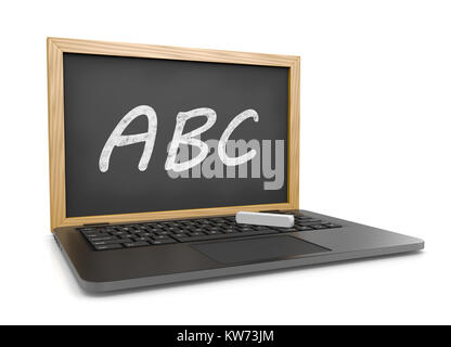 Laptop mit einem ABC Text Tafel anstelle der Anzeige 3D-Abbildung auf Weiß, E-Learning - Konzept Stockfoto