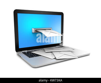 Coming Out von einem Laptop Bildschirm weiße Umschläge 3D-Abbildung auf Weiß, E-Konzept Stockfoto
