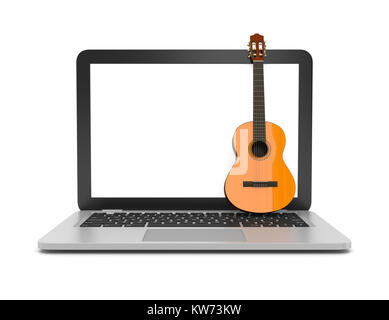 Laptop mit einer klassischen Gitarre auf der Tastatur 3d-Abbildung auf weißem Hintergrund Stockfoto