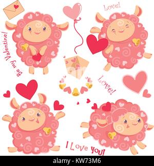 Vector Illustration Valentinstag clipart Set niedliche Lustige rosa Mädchen Schafe, Herz, schreiben, tanzen, springen, mit Glocke für Kinder und Babys Print- und Textildesign, Wand design Stock Vektor