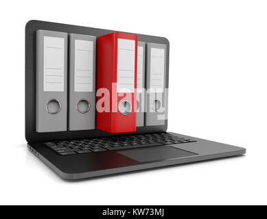 Eine rote Bindemittel, die von einem Laptop 3D-Abbildung auf weißem Hintergrund Stockfoto