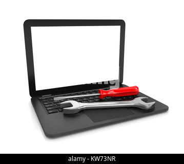 Laptop mit einem Schraubendreher und einem Schraubenschlüssel an die Tastatur und die leeren weißen Bildschirm, 3D-Abbildung auf weißem Hintergrund Stockfoto