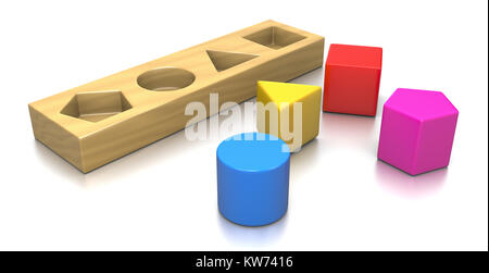 Bunte 3D geometrische Formen Puzzle Spiel Abbildung auf weißem Hintergrund, Problemlösung Konzept Stockfoto