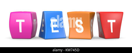 Test weißer Text auf bunten Verformt lustige Würfel 3D-Abbildung auf weißem Hintergrund Stockfoto