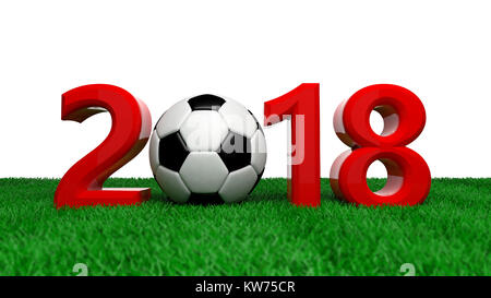 Neues Jahr 2018 mit Fußball Fußball-Ball auf dem Rasen, weißen Hintergrund. 3D-Darstellung Stockfoto