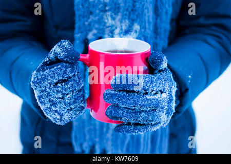 Weibliche Hände in Handschuhe halten roten Tasse mit Dampfenden dunklen Drink auf Winter Tag Stockfoto