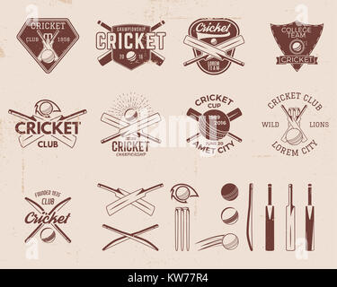 Satz von Retro cricket Sport Vorlage Logo Designs. Verwenden Sie als Symbole, Abzeichen, Label, Embleme oder Drucken. Abbildung Sport Meisterschaft. Über Scratch isoliert Stockfoto