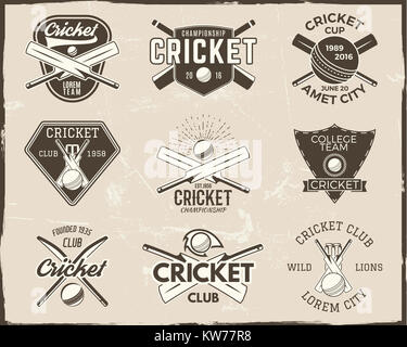 Satz von Retro cricket Sport Vorlage Logo Designs. Verwenden Sie als Symbole, Abzeichen, Label, Embleme oder Drucken. Abbildung Sport Meisterschaft. Über Scratch isoliert Stockfoto