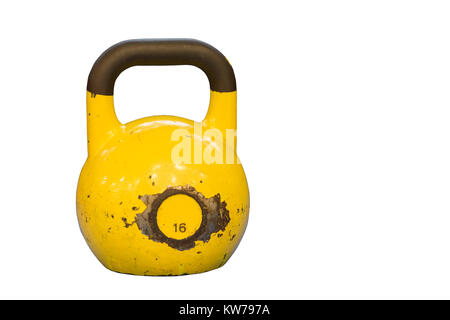 Große, alte und gebrauchte Gelbe girya auf weißem Hintergrund. Stockfoto