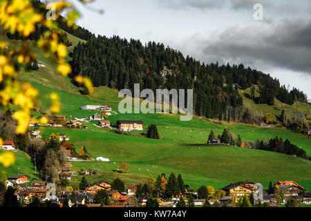 Ideal für Wohnen und Freizeit im schönen grünen Tal, schweizer Alpen. Kleine Stadt in der Nähe der hohen Berge. Schweiz Stockfoto
