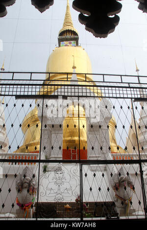 Goldene Stupa und Fenster im Tempel, Wat Suan Dok, Chiang Mai, Thailand Stockfoto