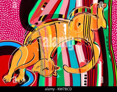 Zeitgenössische digitale Kunst orange Katze auf einem gestreiften Mat gestreckt Stock Vektor