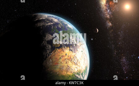 Orange Sonnenaufgang über der Erde vom Weltraum aus gesehen. Mit Mond und Sternen Hintergrund. Stockfoto