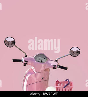 Rosa Roller. Vor dem Moped mit einem rosa Warenkorb auf den Sitz. Rosa Hintergrund. Abbildung. Stockfoto