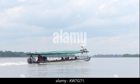 Eine schnelle Fähre oder Wasser Bus Geschwindigkeit entlang des Napo River in der Nähe von Coca oder Puerto Francisco de Orellana. Coca, Puerto Francisco de Orellana, Orellana, Ecuador Stockfoto