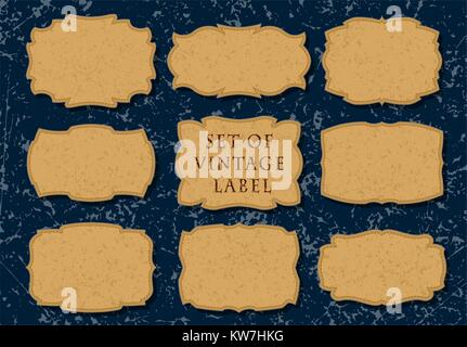 Set von 9 Leder Etiketten auf einer Jeans Hintergrund. Stock Vektor
