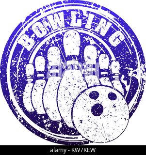 Abstrakt Blau bowling Design mit Kegeln und Bowling Ball in Stempel grunge Stil. Stock Vektor