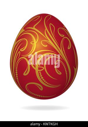 Realistische Vektor hellen roten Osterei mit goldenen dekorative Blumen und Schatten Stock Vektor