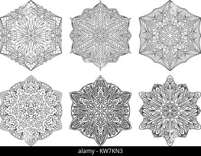 Set von 6 abstract Vector schwarz spitze Designs in Mono line style - septangular Mandalas, ethnischen dekorative Elemente. Stock Vektor