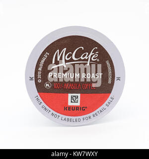 Eine Portion K-padhalter von McDonald's McCafe reibungslose und ausgewogene Arabica Kaffee für den Einsatz in K-Schale Keurig Brewers. Stockfoto