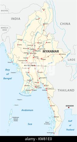 Myanmar Vektor road map mit wichtigen Städten Stock Vektor