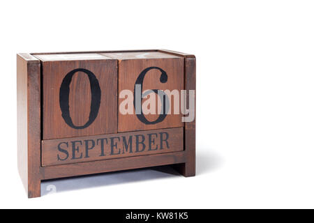 Holz- Ewiger Kalender - September 6. Set Stockfoto